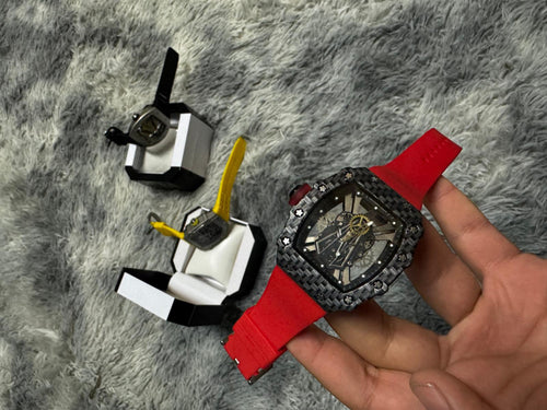 Richard Mille Esqueleto Fibra Carbono Negro Correa Roja